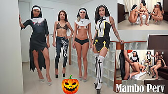 Skupina Nezbedných Mníšok Sa Zapája Do Orgií S Tematikou Halloweenu, Ktoré Zahŕňajú Análny A Reverzný Skupinový Sex, S Démonickým Dievčaťom A Hrou Na Gape.